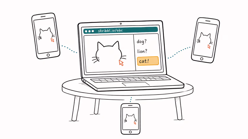 Browser drawing game with partial sketch and chat guesses beside it