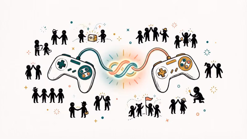 Hand-drawn illustration of two controllers linked together for co-op gaming
