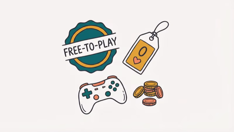 Hand-drawn illustration of a free-to-play badge next to a game controller