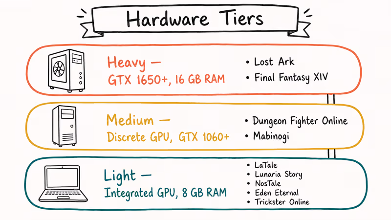 Three-tier hardware ladder showing which MapleStory alternatives run on light medium or heavy PC builds