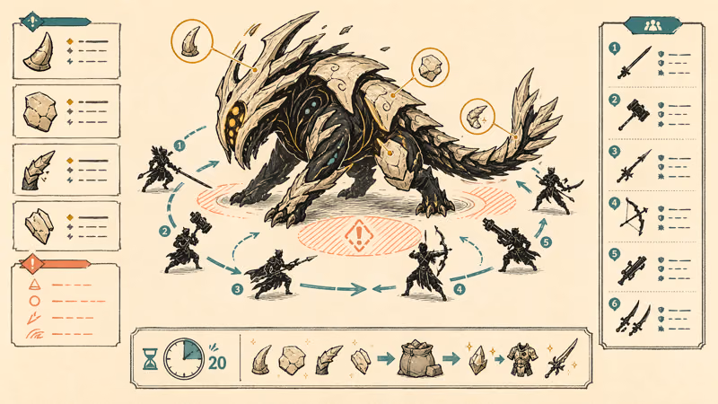 Co-op monster hunt loop with weak points, loot, and crafting