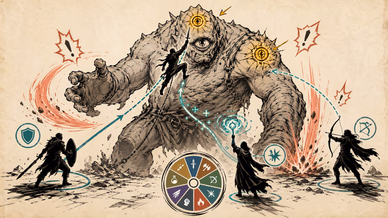 Pawn party climbing a giant fantasy boss with marked weak points