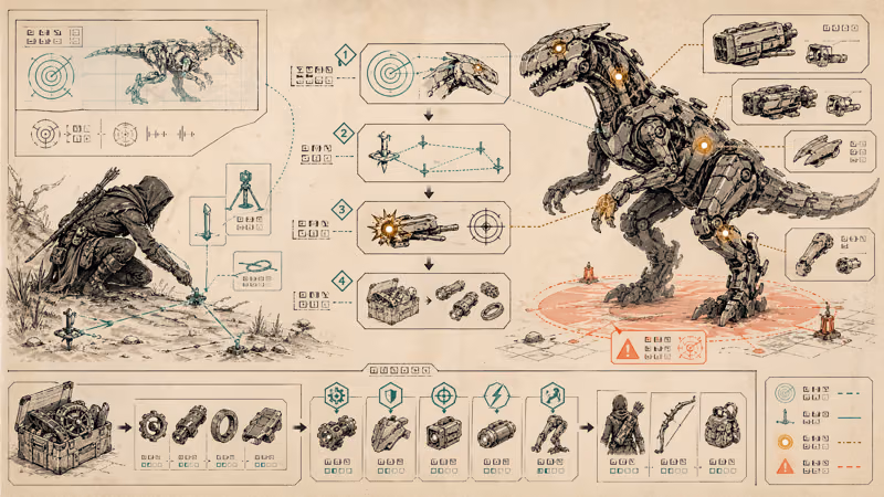 Trap-setting combat against a mechanical beast with removable components