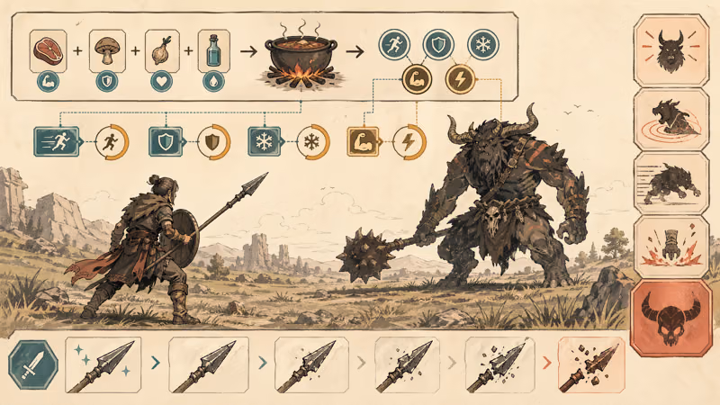 Open-world boss duel with prep meals and weapon durability