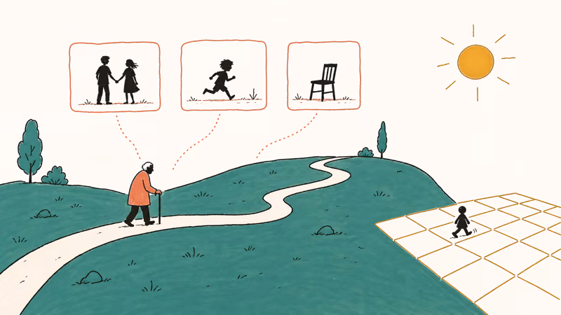 Landscape with elderly walker flashback panels and story puzzle grid pawn