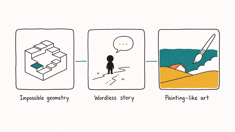 Three hand-drawn cards showing impossible staircase wordless story and painted landscape Monument Valley elements