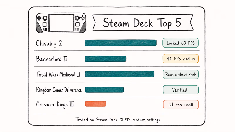 Steam Deck performance card with frame rates for five Mount and Blade alternatives tested