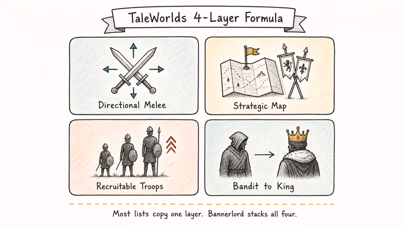 Hand-drawn 2x2 grid showing the four core layers defining Mount and Blade gameplay