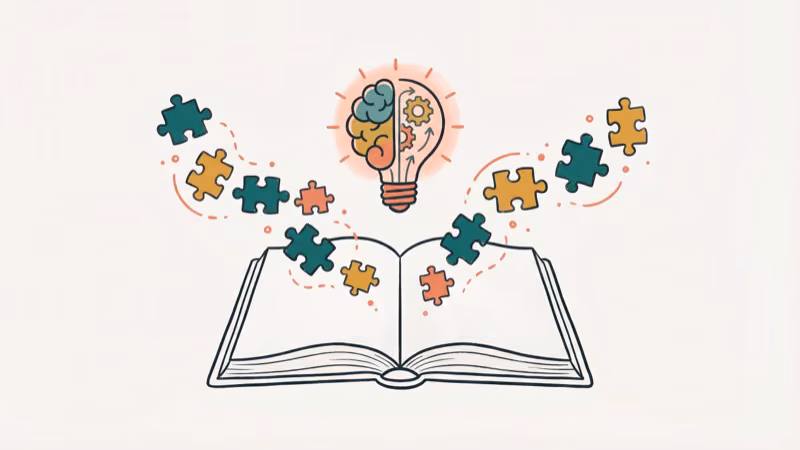 Hand-drawn illustration of an open storybook with puzzle pieces floating out