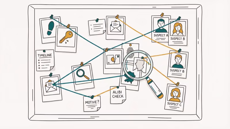 Detective deduction board with clue cards and evidence connected by string