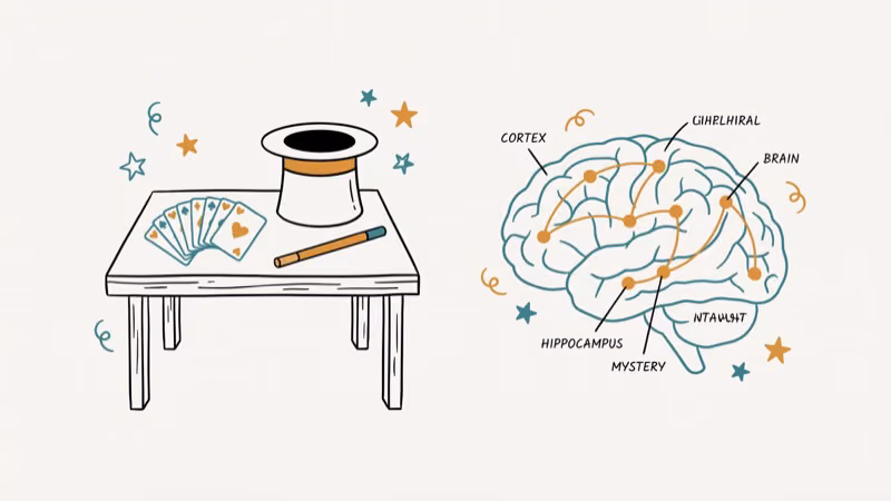 Stage magician table with playing cards and neuroscience brain diagram