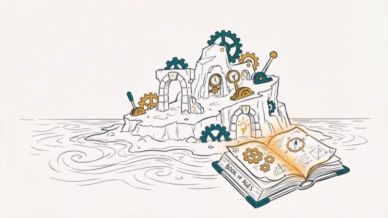 Mysterious island with surreal mechanical puzzles and stone archways