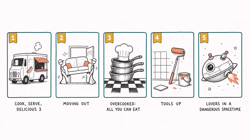 Five hand-drawn cards ranking food truck, moving van, kitchen, paint roller, and spaceship co-op picks.