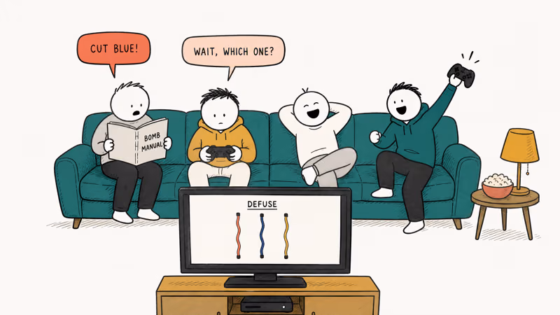 Four friends shout clues during a couch party bomb-defusal session.