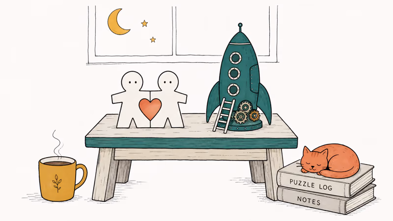 Two paper figures form a heart beside rocket and sleeping cat.