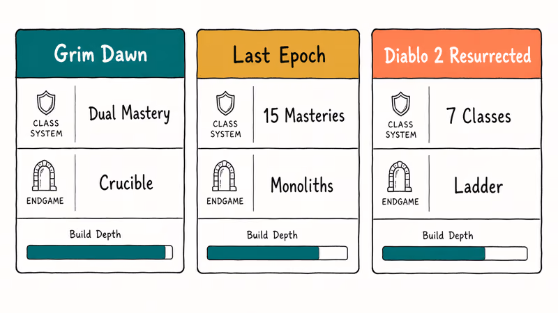 Build depth comparison cards for Grim Dawn Last Epoch and Diablo 2