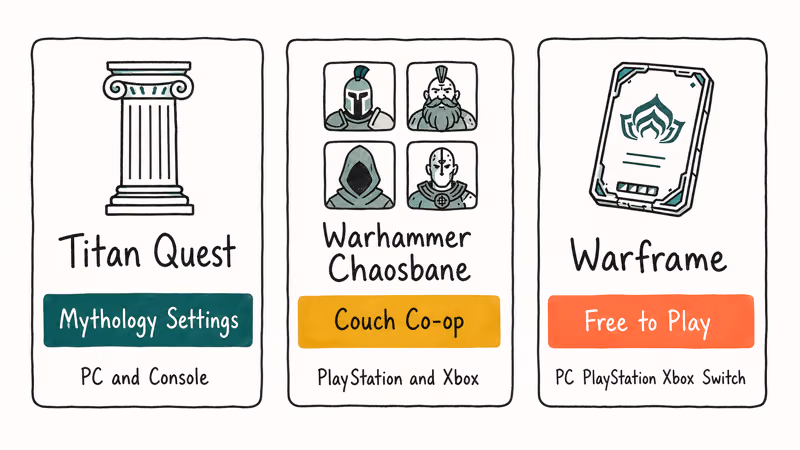 Three badge tiles highlighting Titan Quest Warhammer Chaosbane and Warframe distinctives