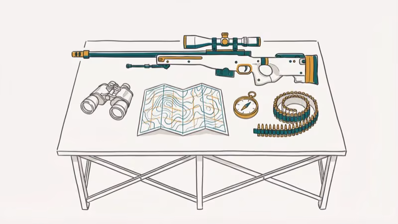 Military simulation equipment with sniper rifle scope and topographic map