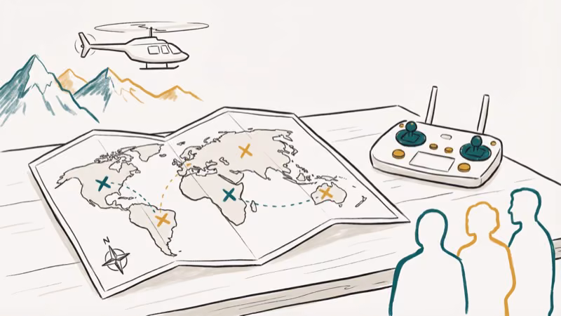 Open world map with mission markers drone controller and helicopter over mountains