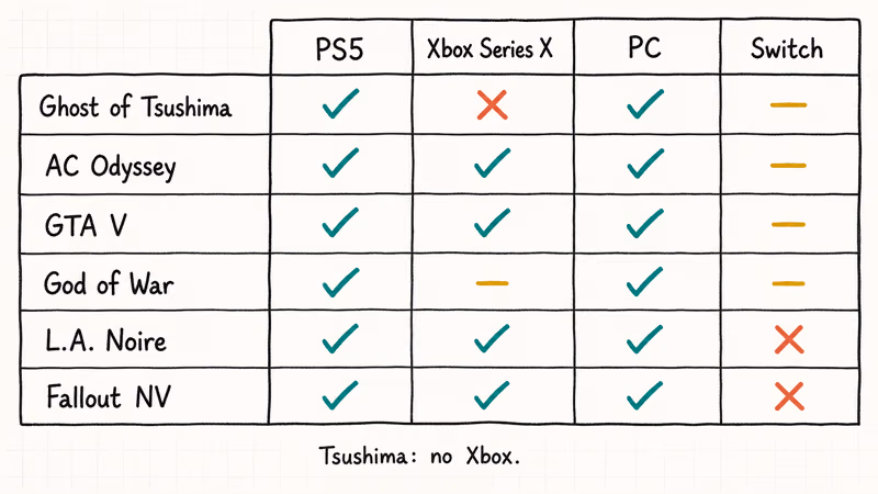 Hand-drawn platform availability grid matching each RDR2 alternative to PS5 Xbox PC and Switch.