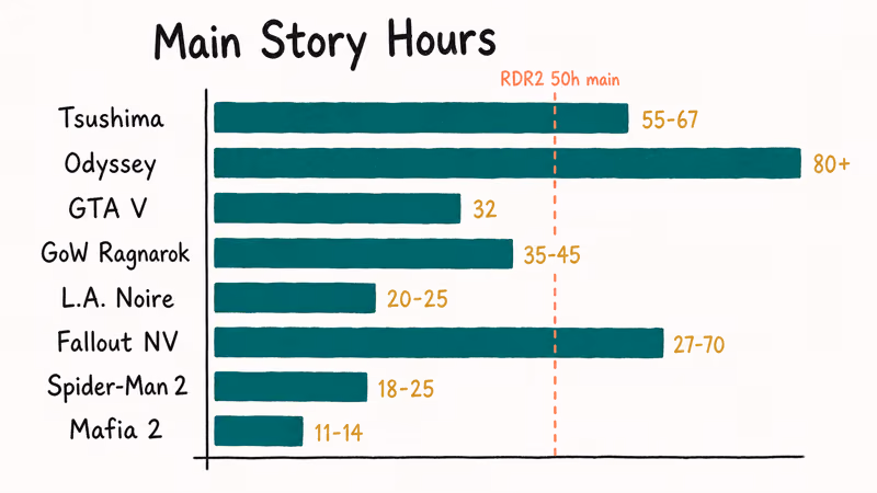 Hand-drawn bar chart comparing main story playtime across eight RDR2 alternative games in hours.