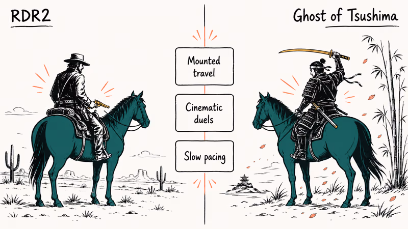 Hand-drawn comparison of RDR2 cowboy and Ghost of Tsushima samurai showing shared horseback duel style.