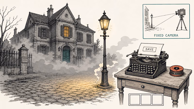 Foggy hand-drawn street with mansion lamppost typewriter and inventory grid evoking classic fixed-camera survival horror