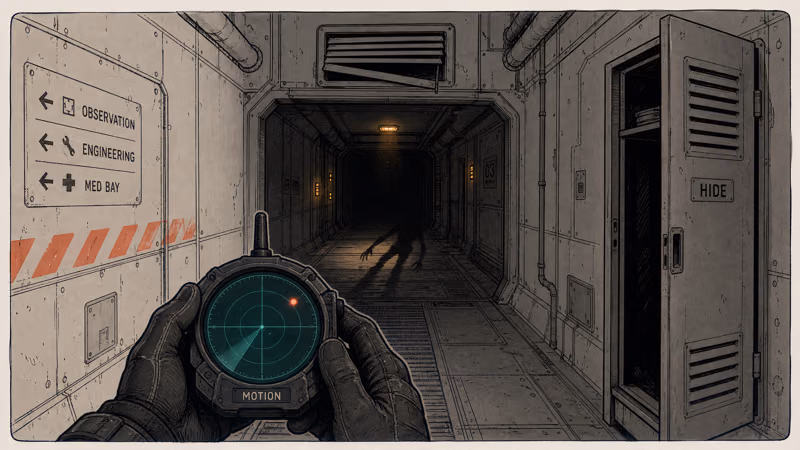 First-person motion tracker in corridor showing stealth horror tension