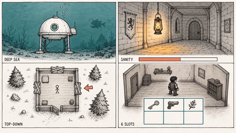 Four-panel hand-drawn grid showing indie horror variety underwater station castle forest cabin and fixed-camera room