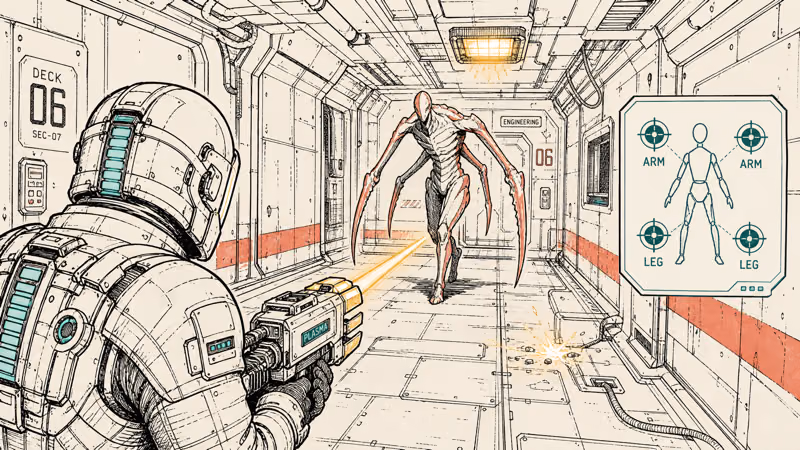 Over-the-shoulder hand-drawn engineer aiming plasma cutter at multi-limbed creature with four limb-target reticles