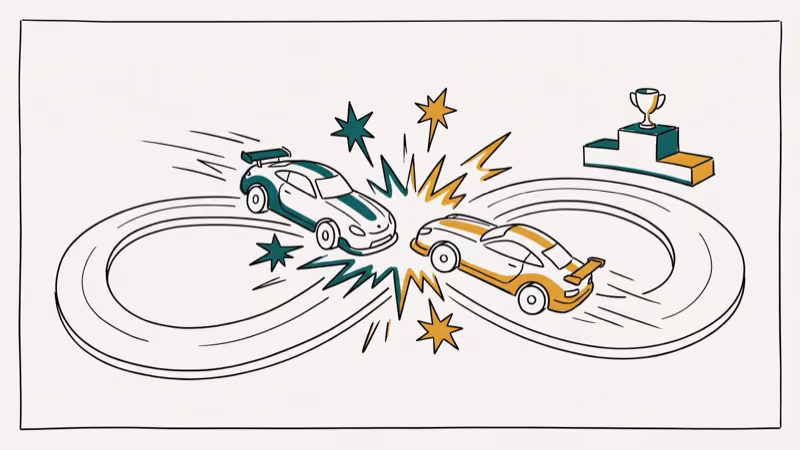 Two racing cars crashing with speed lines and explosion sparks on track