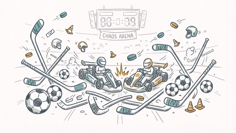 Chaotic sports arena with hockey sticks soccer balls and go-karts colliding