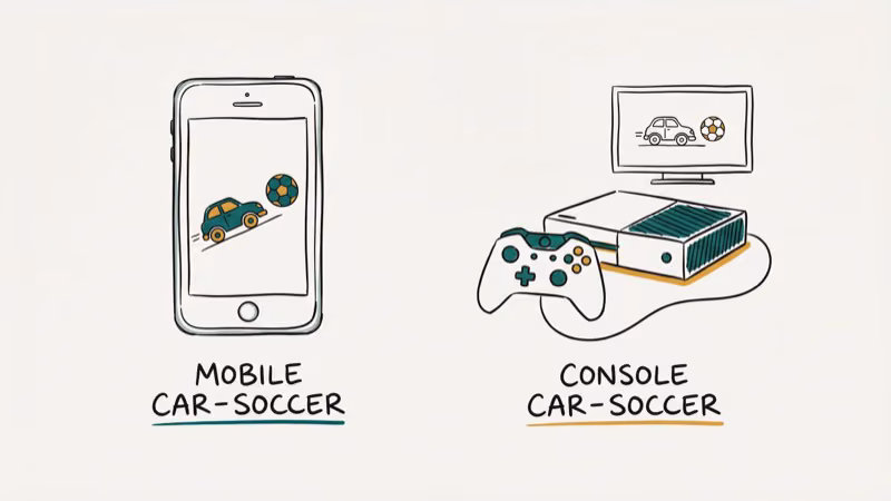 Smartphone and gaming console with car driving toward soccer ball on screen
