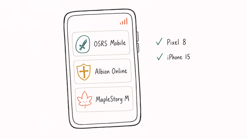 Hand-drawn smartphone with three stacked MMORPG app cards and tested device tags