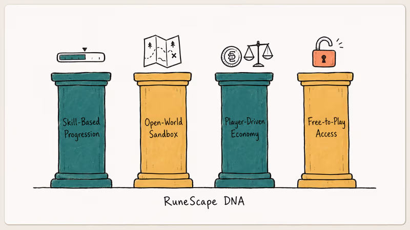 Four labeled pillars showing skill progression sandbox economy and free access criteria