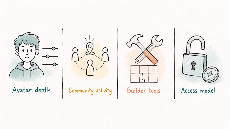Four hand-drawn icons showing Second Life criteria: avatar depth, community, builder tools, access model.