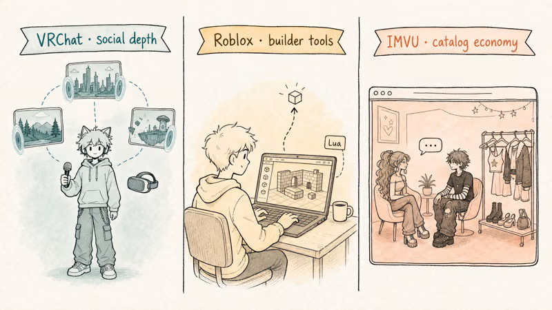 Three hand-drawn vignettes contrasting VRChat avatar chat, Roblox Studio editor, and IMVU browser room.