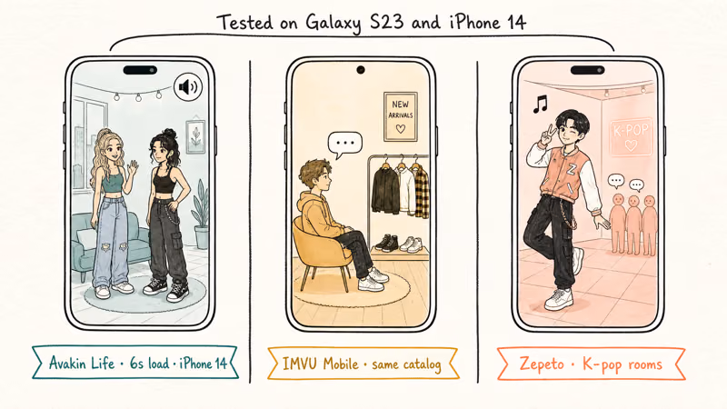 Three hand-drawn smartphones showing Avakin apartment, IMVU mobile chat, and Zepeto K-pop room.