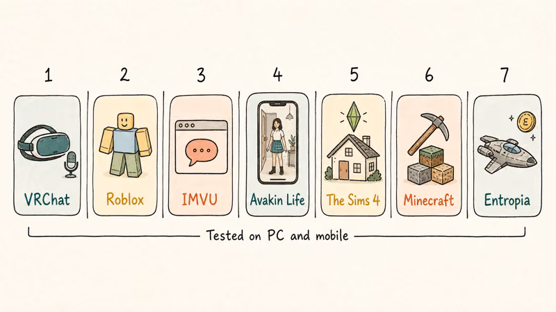 Hand-drawn lineup of seven platforms ranked one through seven from VRChat to Entropia Universe.