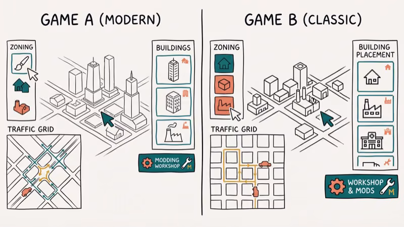 City builder game interfaces showing mod workshop and zoning tools