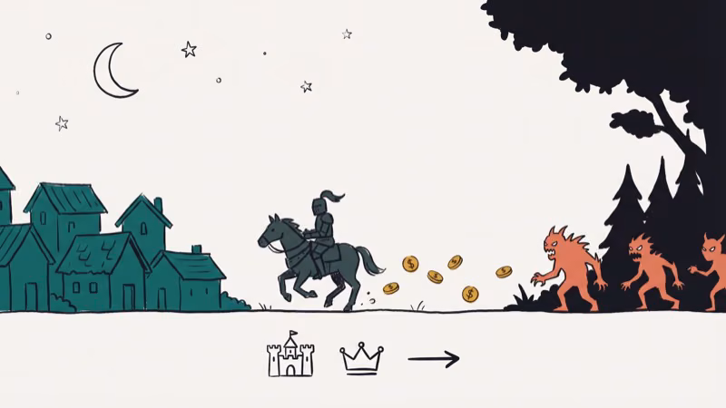 Medieval kingdom with horse rider collecting gold coins at nightfall