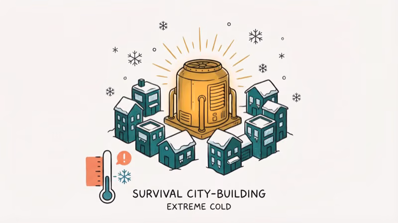 Frozen city with central heat generator and survival buildings in snow