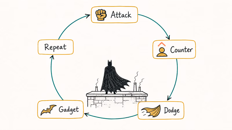 Circular five-node loop showing attack counter dodge gadget repeat free-flow combat rhythm.