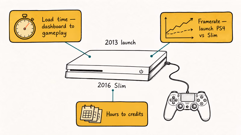 PS4 console with three test cards covering load time framerate and hours to credits.