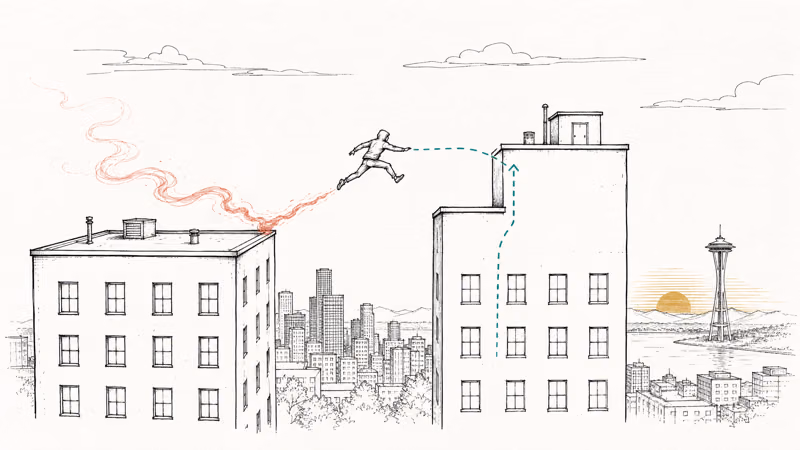 Hooded figure dashes between Seattle rooftops with curling smoke and neon traversal trails.