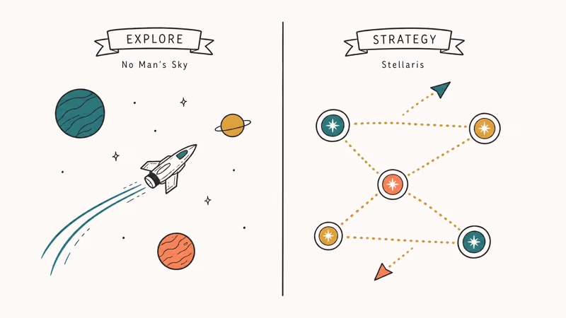 Split frame with No Man's Sky explorer ship and Stellaris galaxy strategy map panels