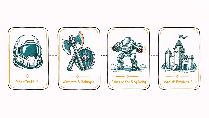 Lineup of StarCraft 2 Warcraft 3 Ashes and Age of Empires emblems.