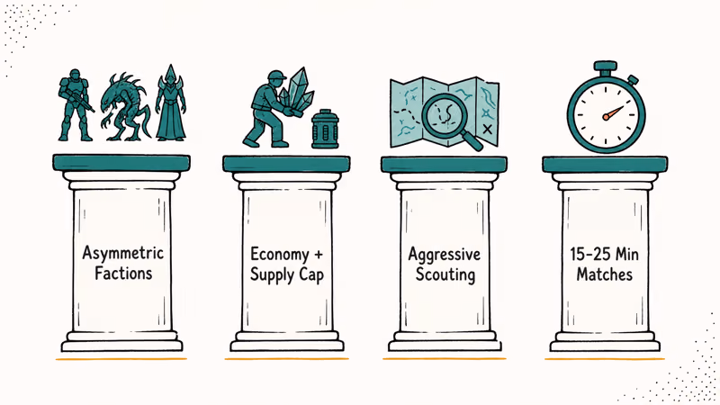 Hand-drawn infographic of four StarCraft scoring pillars with faction, economy, scouting, and match-length icons.