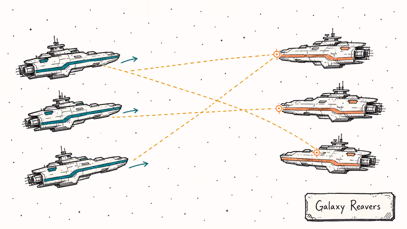 Hand-drawn space battle of two opposing battleship fleets exchanging focus-fire trajectories among scattered stars.