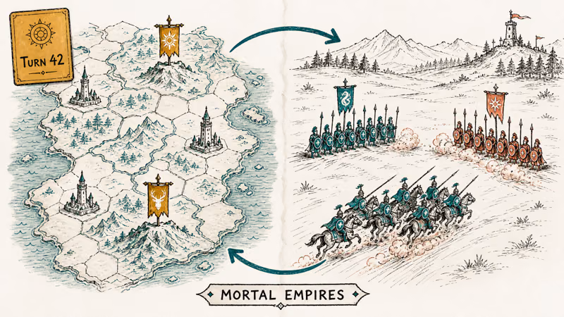 Total War Warhammer campaign map and battle regiments connected by arrow.